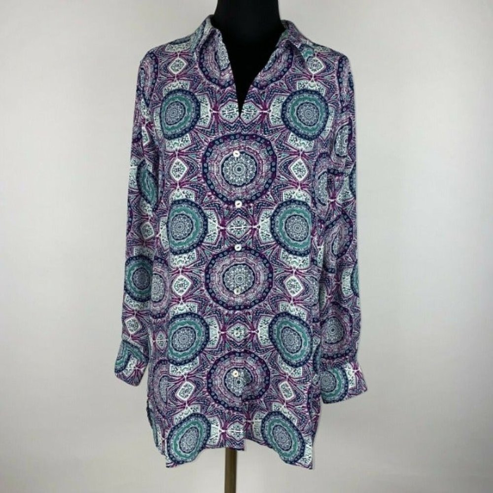Foxcroft Nyc 8 Patterned Button Down Tunic Top Lo… - image 1